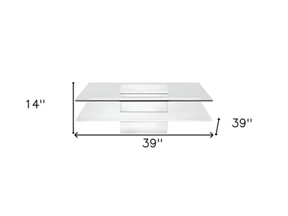 Table basse carrée en verre blanc et transparent de 39 po avec étagère