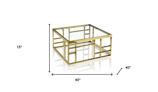 Table basse carrée en verre doré et transparent de 40 po