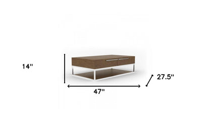 Table basse rectangulaire en argent et noyer de 47 po avec deux tiroirs et une étagère