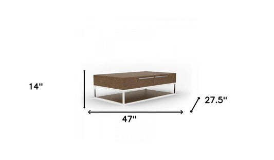 Table basse rectangulaire en argent et noyer de 47 po avec deux tiroirs et une étagère