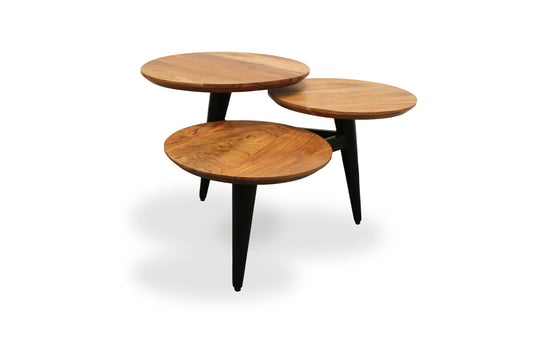 Table basse ronde en bois massif vieilli noir et brun naturel de 35 po