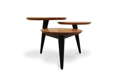 Table basse ronde en bois massif vieilli noir et brun naturel de 35 po