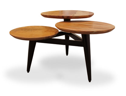 Table basse ronde en bois massif vieilli noir et brun naturel de 35 po