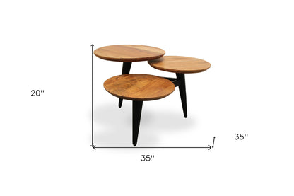 Table basse ronde en bois massif vieilli noir et brun naturel de 35 po