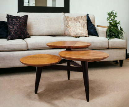 Table basse ronde en bois massif vieilli noir et brun naturel de 35 po