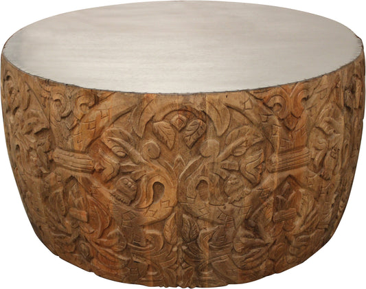 Table basse ronde en fer blanc et naturel et bois massif de 32 po