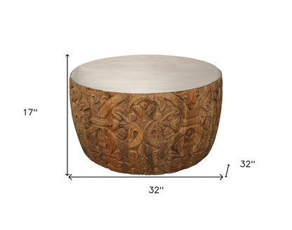 Table basse ronde en fer blanc et naturel et bois massif de 32 po