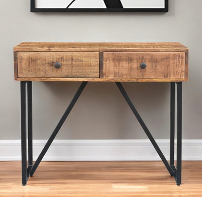 36" Natural and Black Solid Wood Distressed Frame Console Table And Drawers