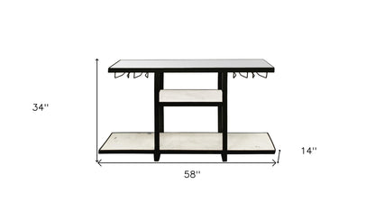 58" White and Black Glass Floor Shelf Console Table With Shelves