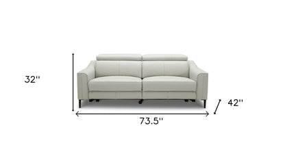 74" Gray Leather Reclining Sofa With Black Legs