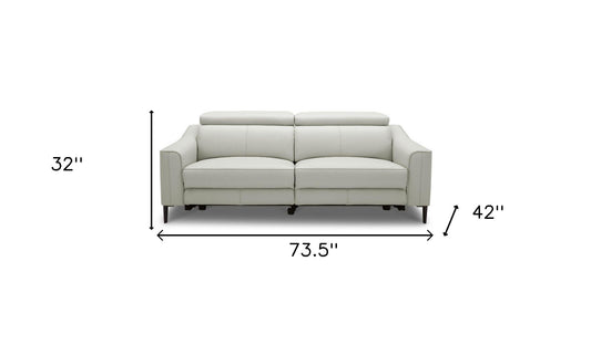 74" Gray Leather Reclining Sofa With Black Legs