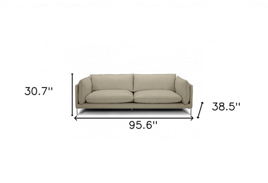 96" Taupe Leather Sofa With Silver Legs