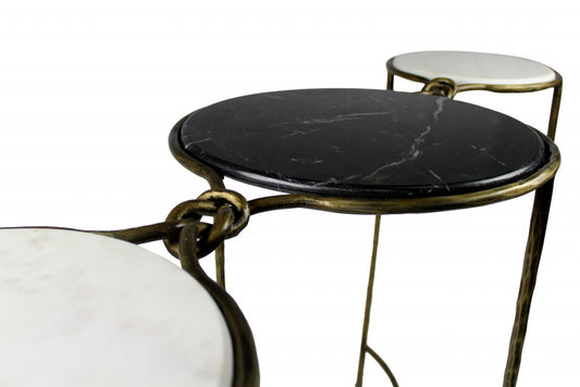 50" Black and White and Gold Genuine Marble Round Frame Console Table