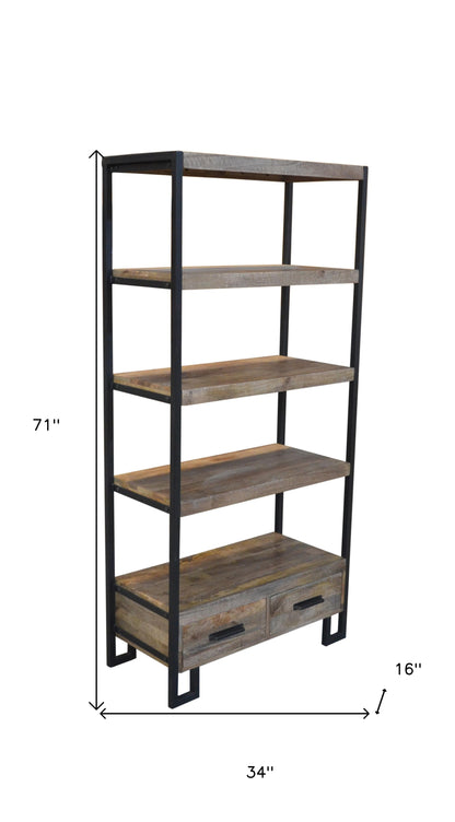 71" Brown Distressed Solid Wood Four Tier Etagere Bookcase with Two Drawers