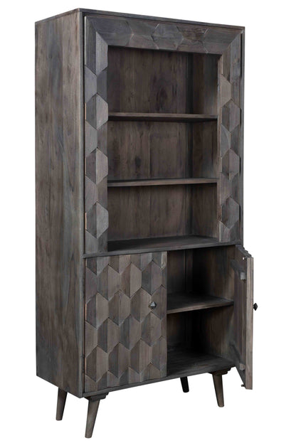 70" Gray Distressed Solid Wood Three Tier Bookcase with Two Doors