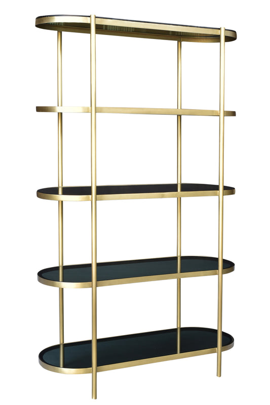 75" Black and Gold Iron and Glass Four Tier Etagere Bookcase