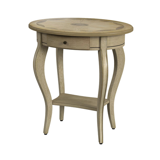 Table d'appoint ovale en bois manufacturé beige de 26 po avec tiroir et étagère