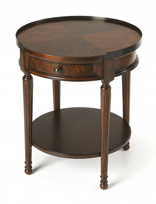 Table d'appoint ronde en bois manufacturé brun foncé de 26 po avec tiroir et étagère