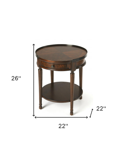 Table d'appoint ronde en bois manufacturé brun foncé de 26 po avec tiroir et étagère