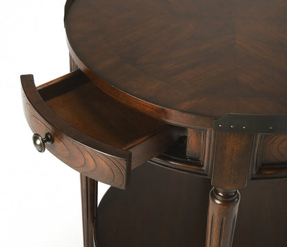 Table d'appoint ronde en bois manufacturé brun foncé de 26 po avec tiroir et étagère