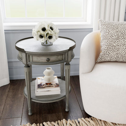 Table d'appoint ronde en bois manufacturé gris de 26 po avec tiroir et étagère