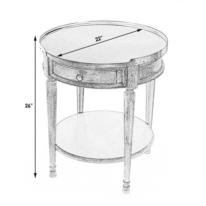 Table d'appoint ronde en bois manufacturé gris de 26 po avec tiroir et étagère