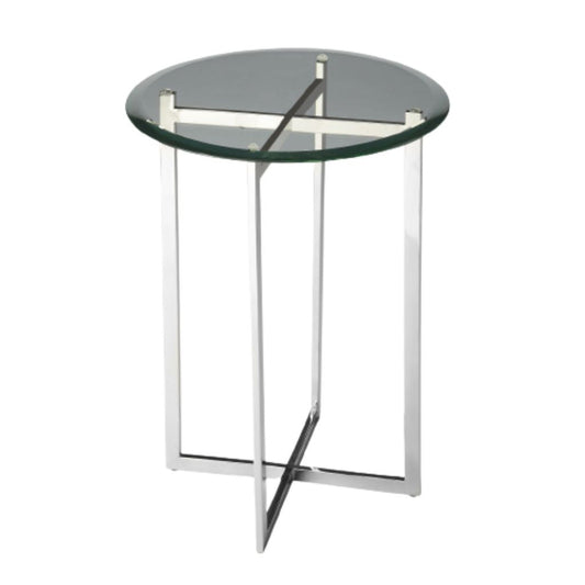 Table d'appoint ronde en verre et base géométrique argentée de 21 po