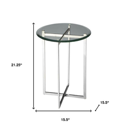 Table d'appoint ronde en verre et base géométrique argentée de 21 po