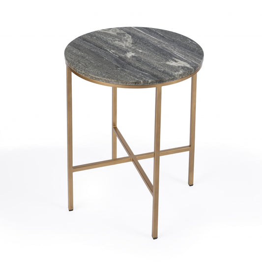 Table d'appoint ronde en laiton et marbre gris de 23 po