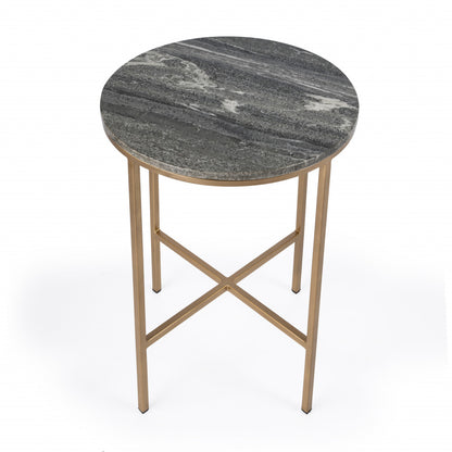 Table d'appoint ronde en laiton et marbre gris de 23 po