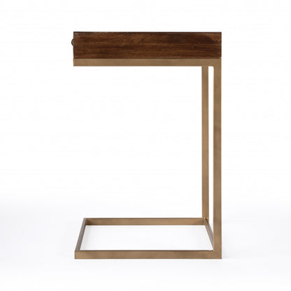 Table d'appoint carrée en bois massif et manufacturé brun naturel de 27 po avec tiroir