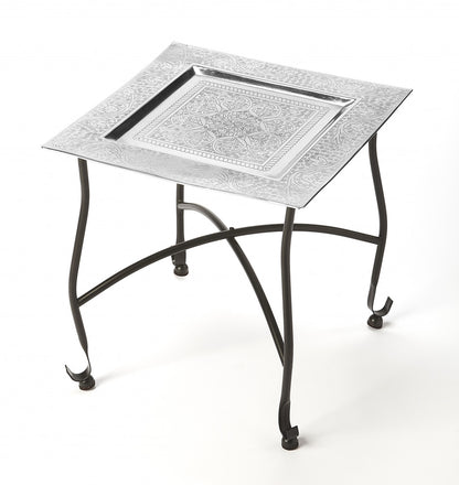 Table d'appoint carrée en aluminium texturé noir et argent de 16 po