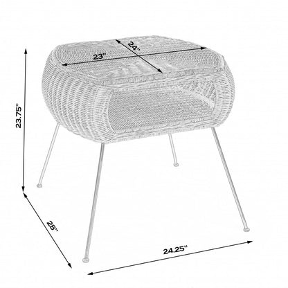 Table d'appoint ronde en rotin et fer vieilli noir et marron de 24 po avec étagère