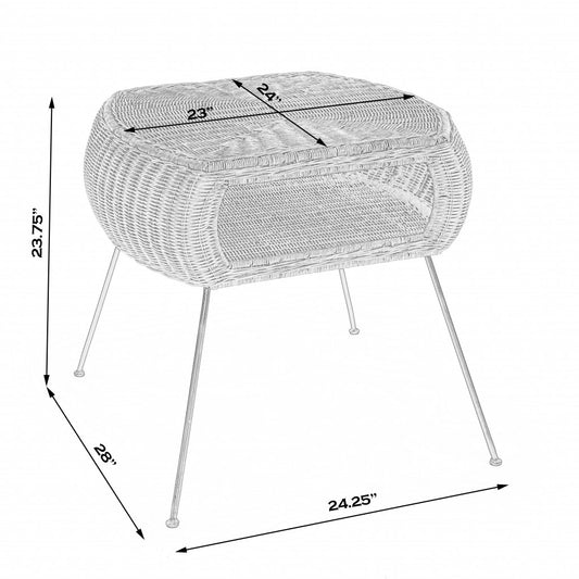 Table d'appoint ronde en rotin et fer vieilli noir et marron de 24 po avec étagère