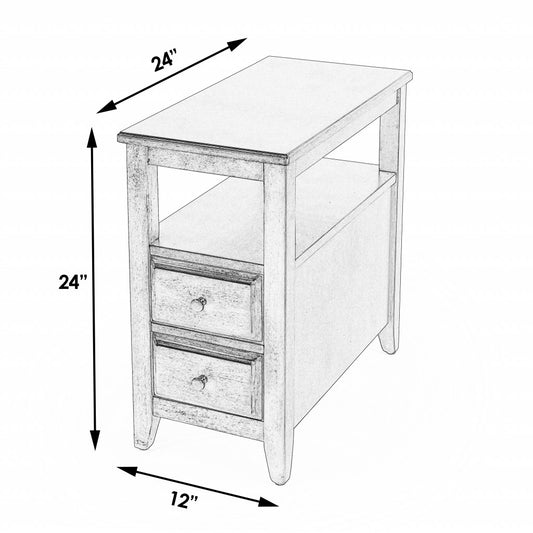 Table d'appoint en bois manufacturé brun foncé de 24 po avec deux tiroirs et une étagère