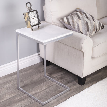 26" Silver and White Marble Square C Shape End Table