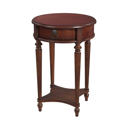 26" Brown Distressed Wood Round End Table With Drawer And Shelf