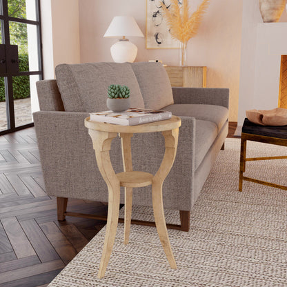 24" Beige Distressed Wood And Solid Wood Round End Table With Shelf