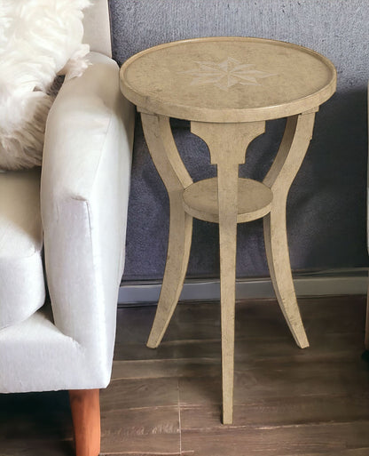 24" Beige Distressed Wood And Solid Wood Round End Table With Shelf