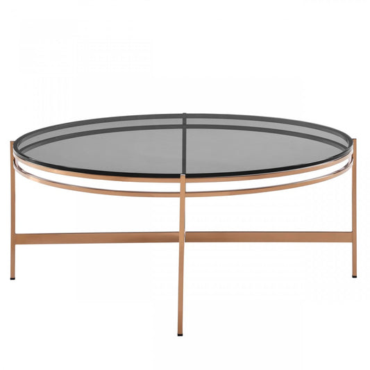 35" Gold And Smoked Glass Round Coffee Table