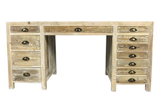 Bureau en bois massif brun de 63 po avec douze tiroirs