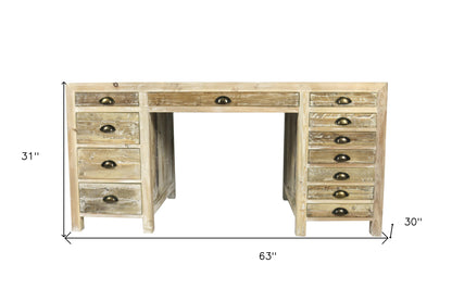 Bureau en bois massif brun de 63 po avec douze tiroirs