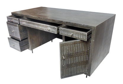 64" Brown and Silver Solid Wood Executive Desk With Five Drawers