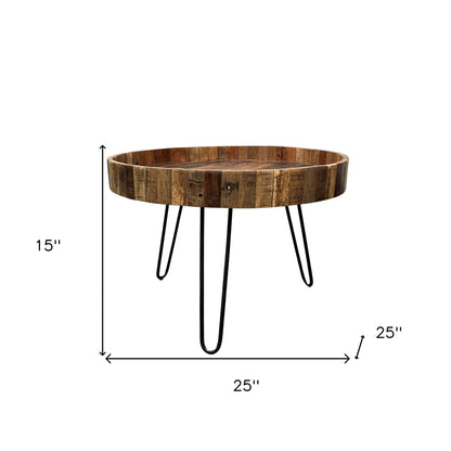 Ensemble de deux tables d'appoint rondes en bois massif et fer noir et brun naturel