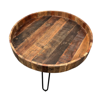 Ensemble de deux tables d'appoint rondes en bois massif et fer noir et brun naturel