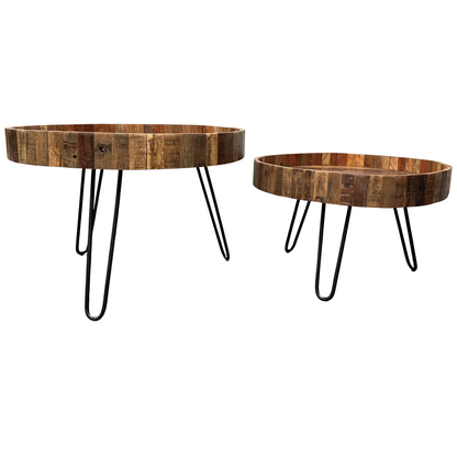 Ensemble de deux tables d'appoint rondes en bois massif et fer noir et brun naturel