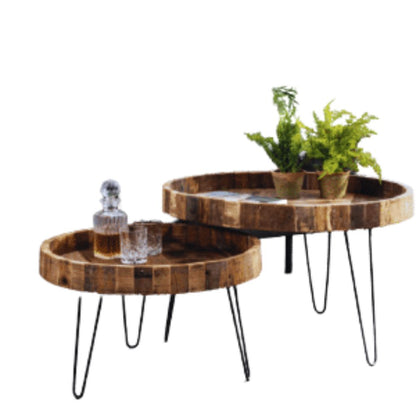 Ensemble de deux tables d'appoint rondes en bois massif et fer noir et brun naturel