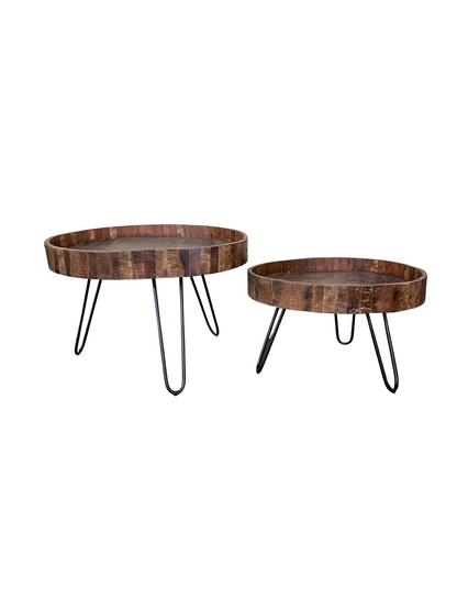 Ensemble de deux tables d'appoint rondes en bois massif et fer noir et brun naturel