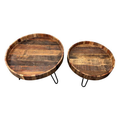 Ensemble de deux tables d'appoint rondes en bois massif et fer noir et brun naturel