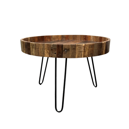 Ensemble de deux tables d'appoint rondes en bois massif et fer noir et brun naturel